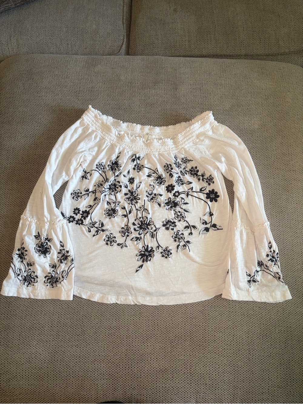 Anthropologie White Off-Shoulder Blouse with Black Floral Embroidery